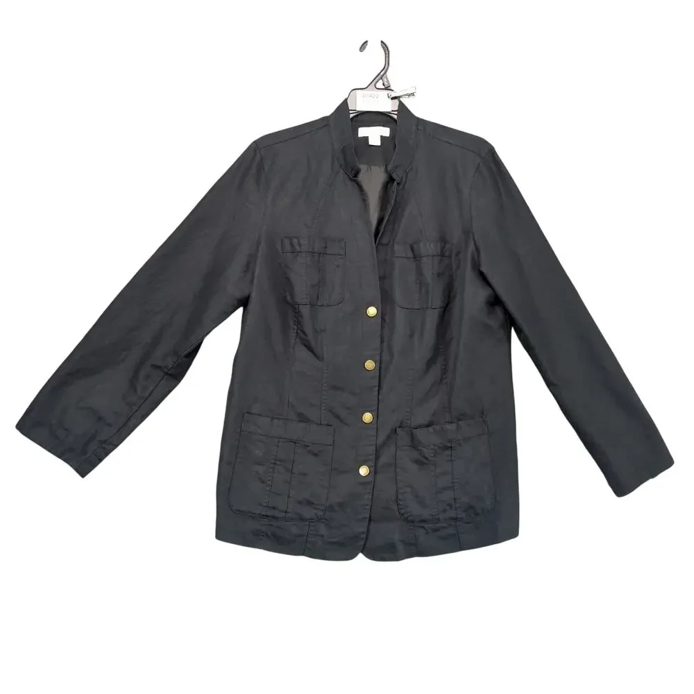Coldwater Creek Black Linen Cotton Peacoat Jacket Women's 16 Snap Close Roll Tab